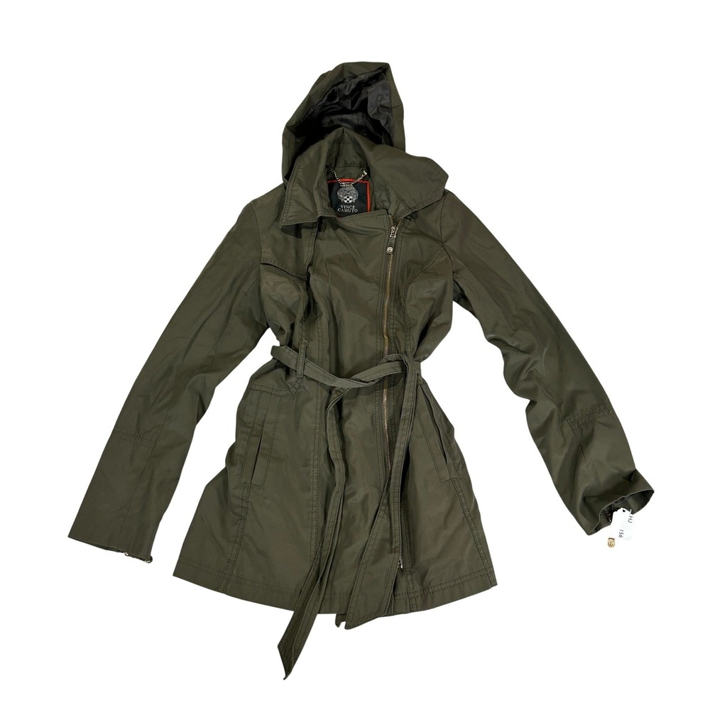 Vince Camuto Womens Olive Green Asymmetrical Zip Hooded Belted Trench Coat Small